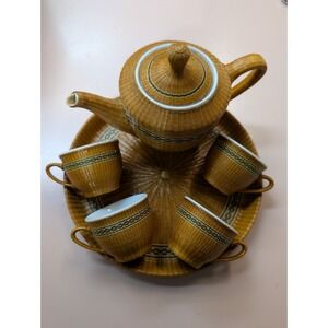 Qing Dynasty Bamboo Weave Over Porcelain Panda Tea Set woven Tray Cups Teapot